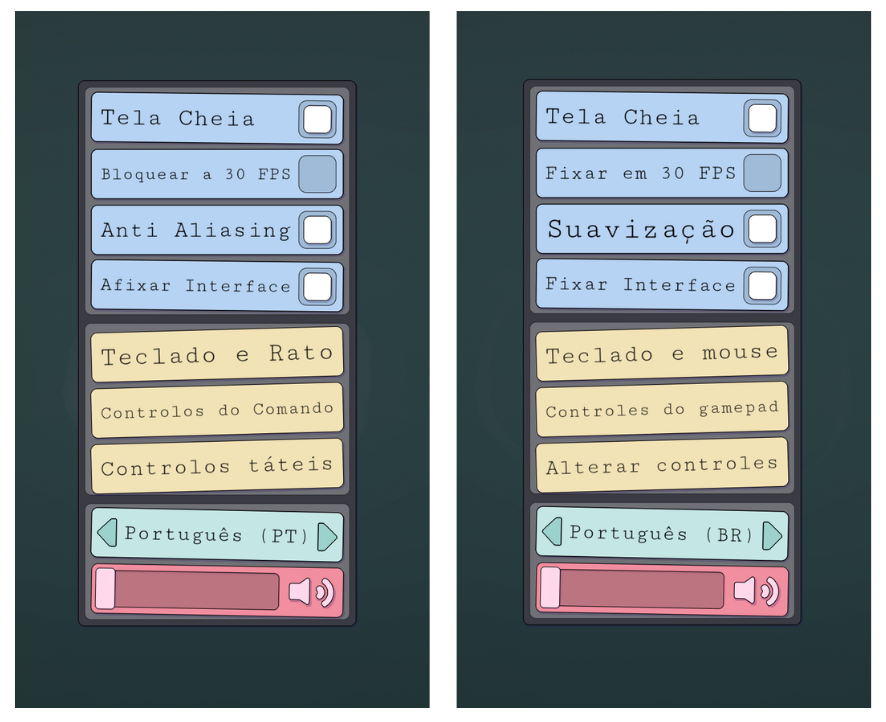 An example of how differently a game menu looks like for PT and BR audiences